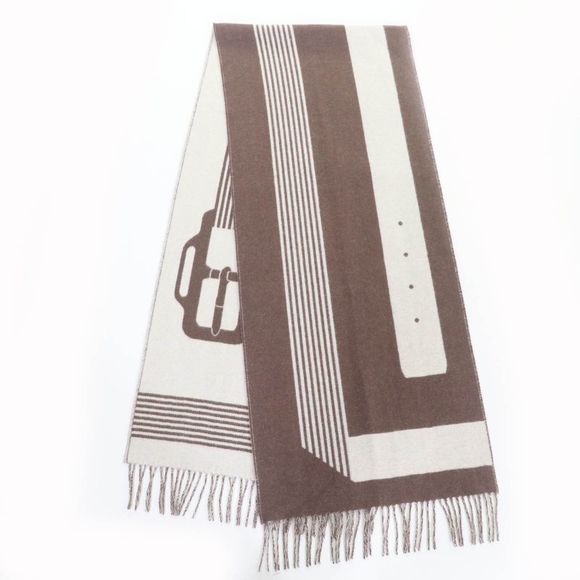 Hermes Sangre A Bucle 100% Cashmere Brown/ivoir Fringed Bicolor Scarf With Box - Picture 3 of 11